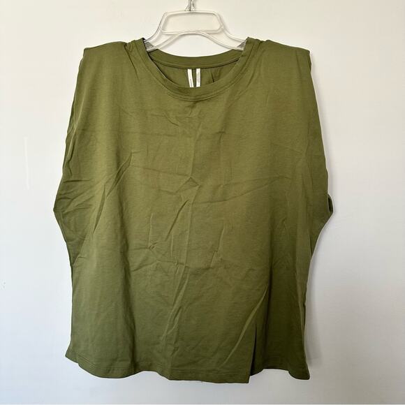 New Anthropologie Top Green Shoulder Padded T-shirt Sleeveless Crew Round Neck L - Picture 3 of 10
